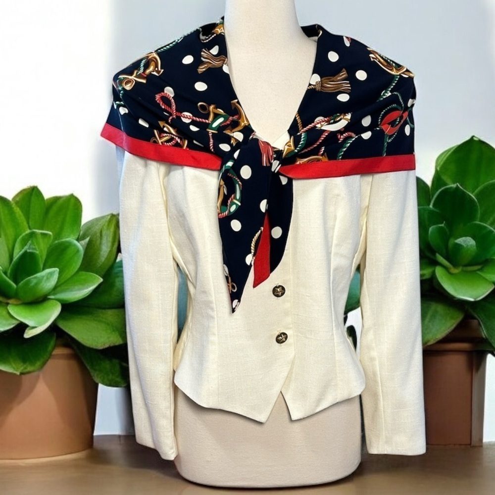 VTG 80s Donna Morgan for Non Stop White Nautical Blazer w/ attached Scarf sz 12